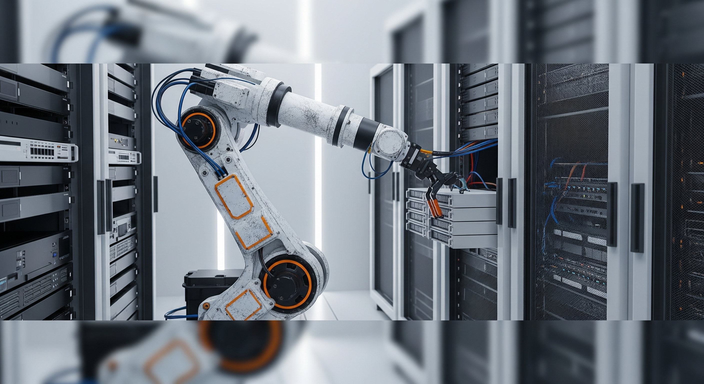 AA robotic arm in an 80s sci-fi style installing server equipment into a rack within a modern data center.