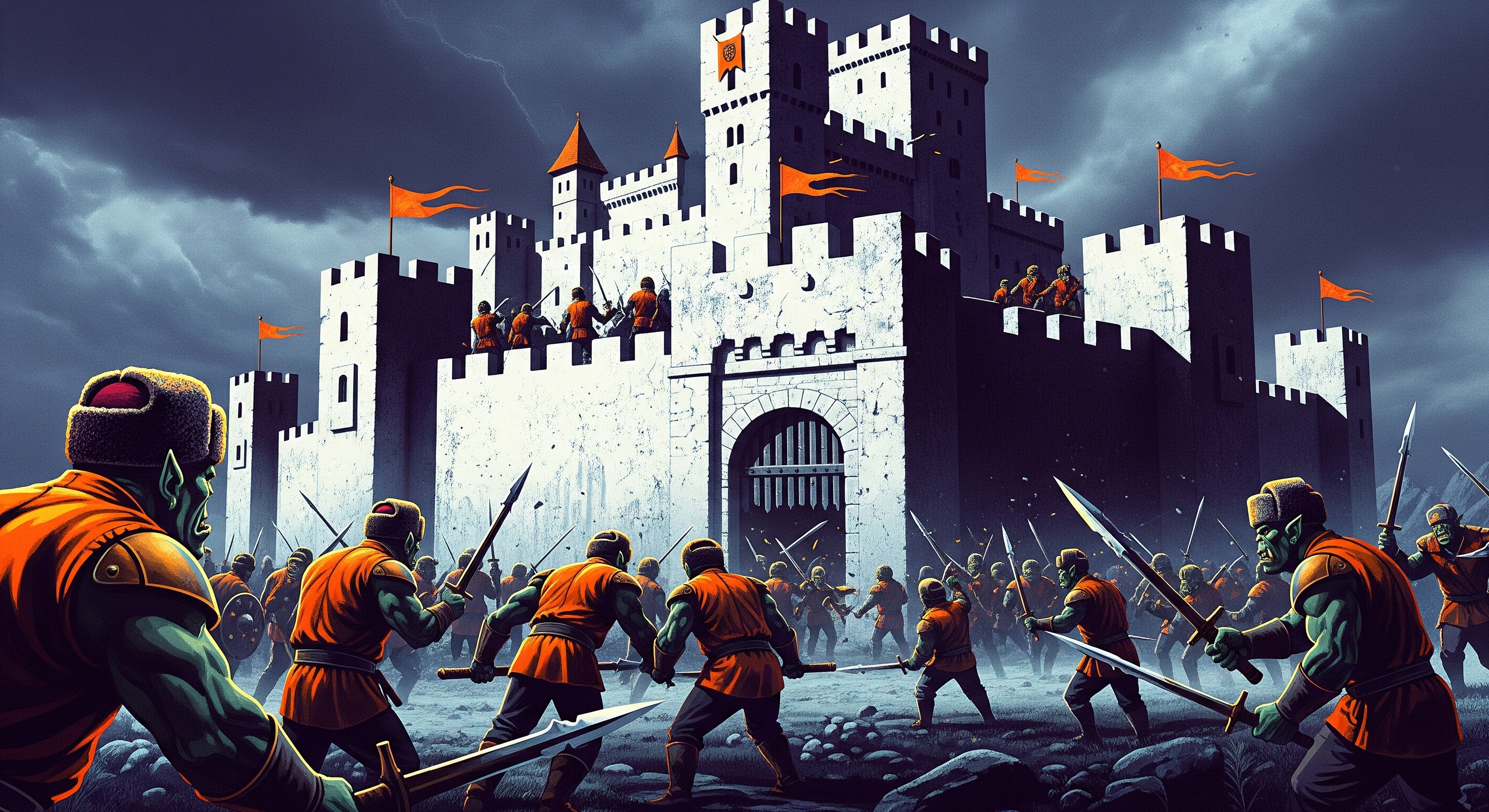 A digital painting in a retro 80s style depicting a horde of orcs in ushankas and orange armor laying siege to a formidable white castle under a dark, stormy sky.
